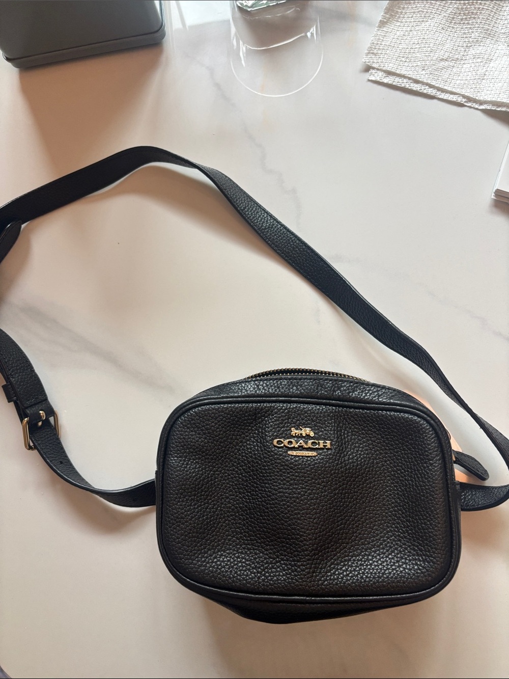 Coach Black Pebbled Leather Crossbody Camera Bag with Gold Logo